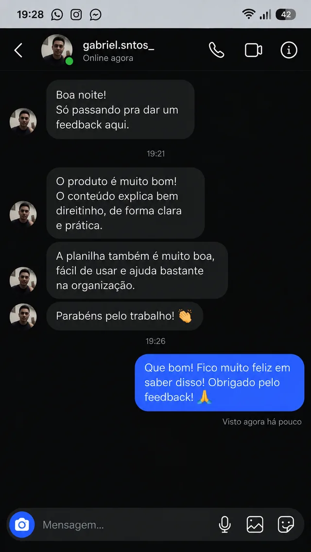 Feedback de Gabriel sobre a clareza do conteúdo e a facilidade da planilha
