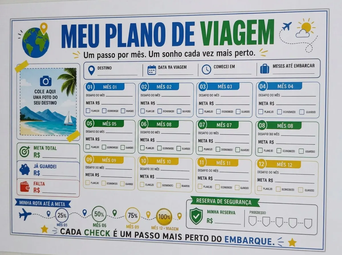 Checklist impresso Meu Plano de Viagem com os 12 meses de progresso